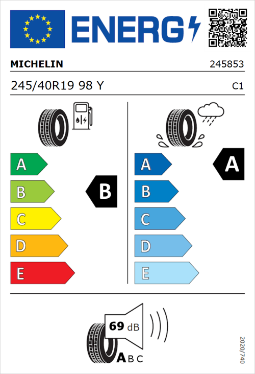 Tyre Label for Michelin Primacy 3 245/40R19 98Y